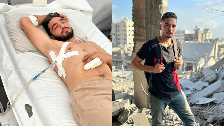 Fares ElMadhoun recovering in a hospital bed with wounds bandaged, and standing with a backpack among destroyed buildings in Gaza.
