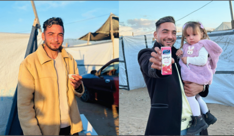 Fares ElMadhoun in Gaza smiling while holding a cup of tea; in another photo, he holds a child and shows a juice box.